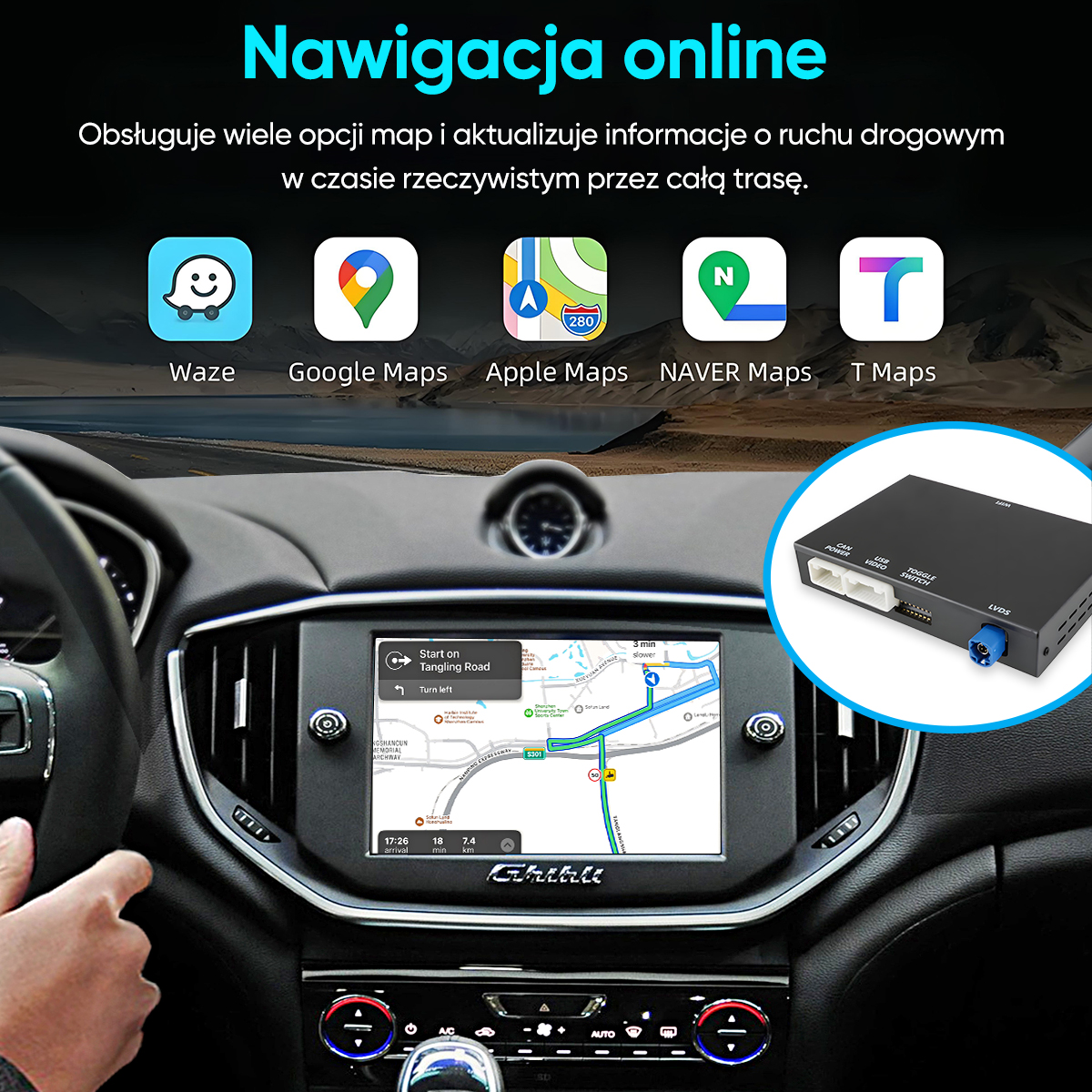 Wnętrze samochodu z systemem nawigacji. Aplikacje map na górze, centralna jednostka sterująca poniżej.