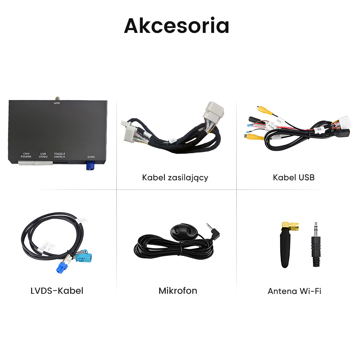 Sześć akcesoriów samochodowych: jednostka, kable, mikrofon, antena.