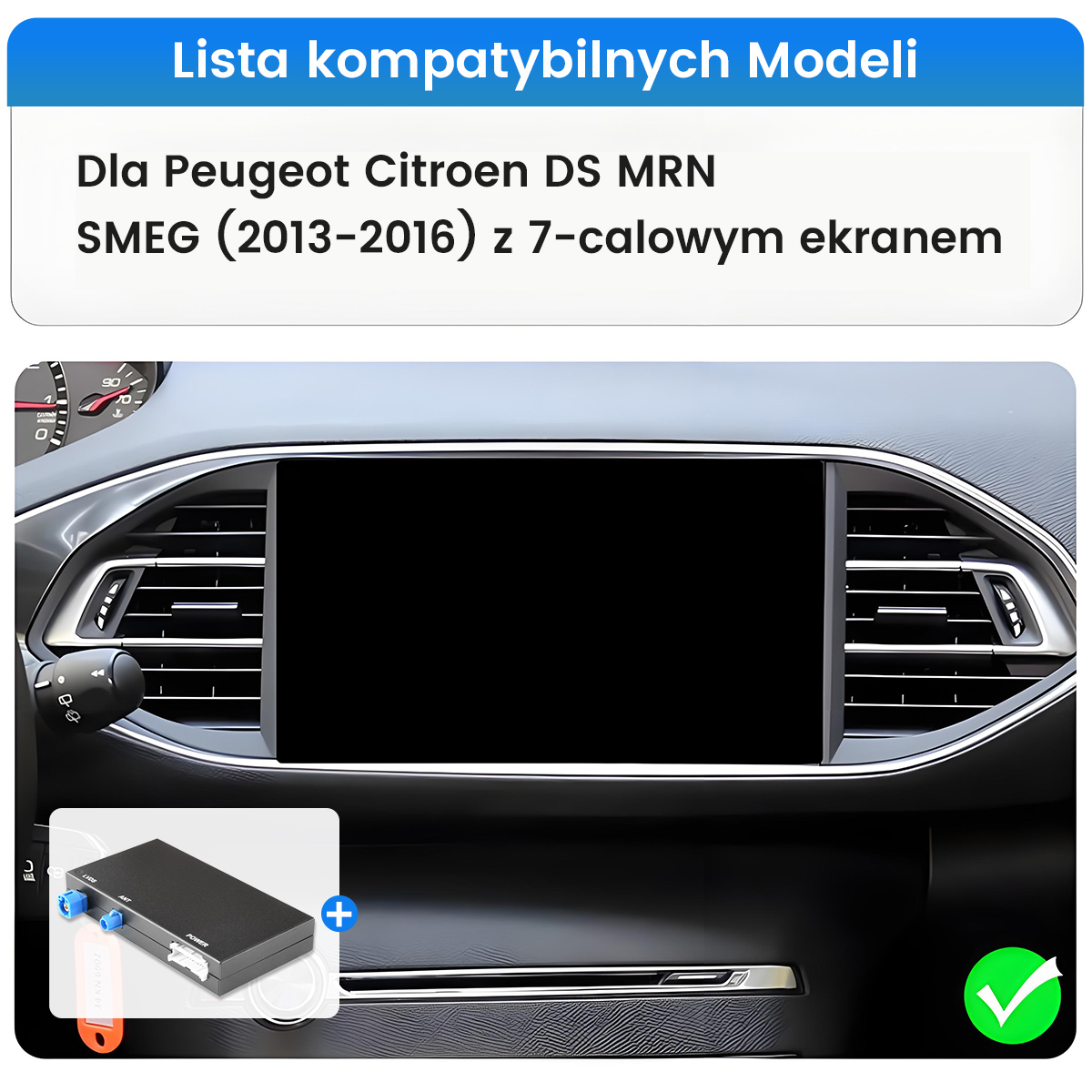Wnętrze samochodu z ekranem nawigacji, dźwigniami sterującymi i małym modułem.