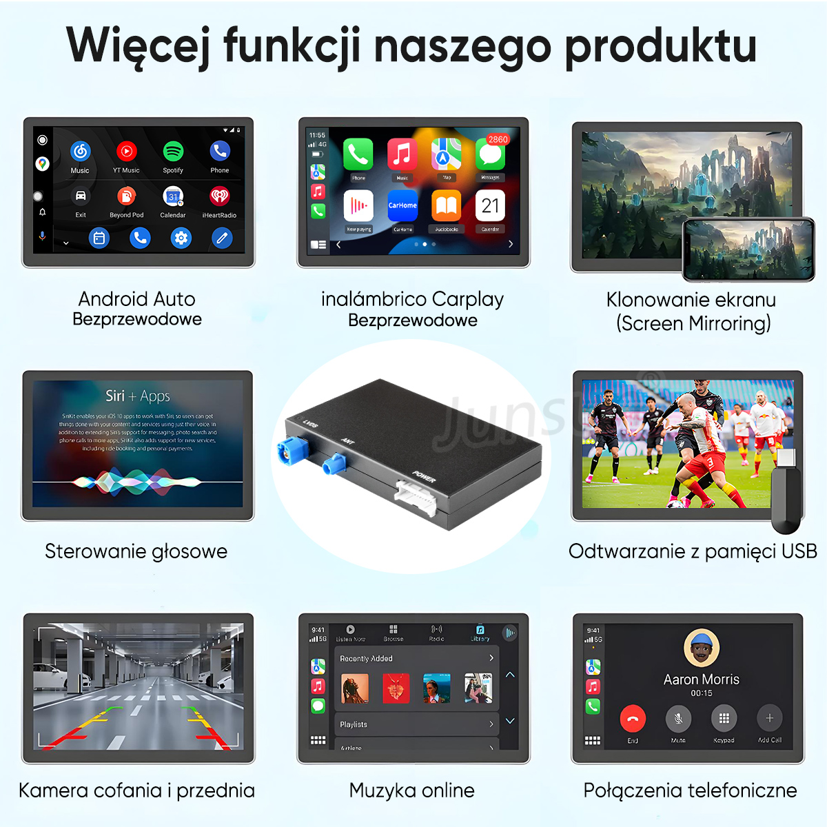Demo produktu z Android Auto, Carplay, dublowaniem ekranu, sterowaniem głosowym, kamerą cofania, odtwarzaniem USB, muzyką i telefonem.