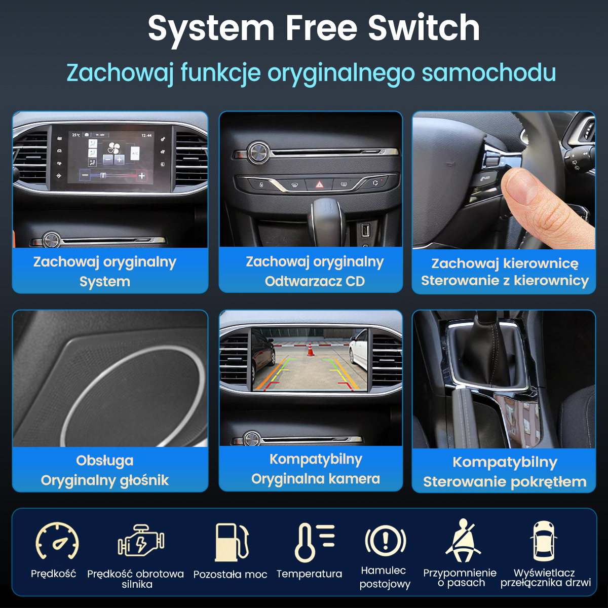 Wnętrze samochodu: system, CD, kierownica, głośnik, kamera, biegi, ikony.
