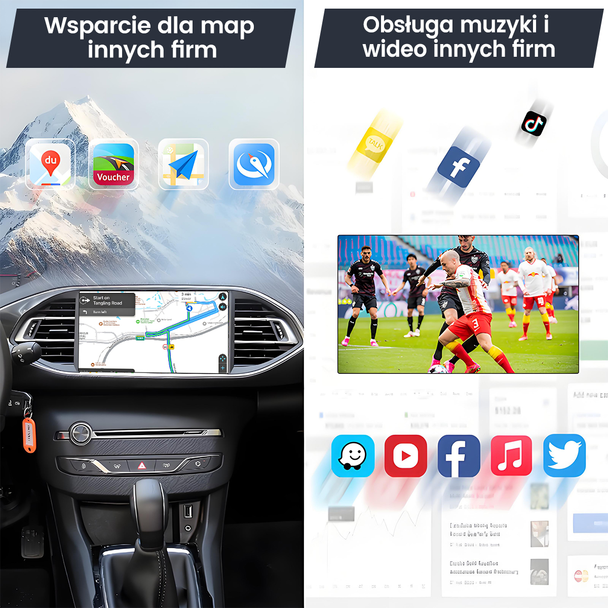 Wnętrze samochodu z nawigacją i aplikacjami, mecz piłki nożnej i ikony social media.