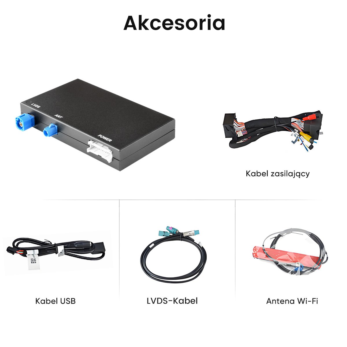 Czarna jednostka sterująca z portami i kablami: zasilanie, USB, LVDS, Wi-Fi.
