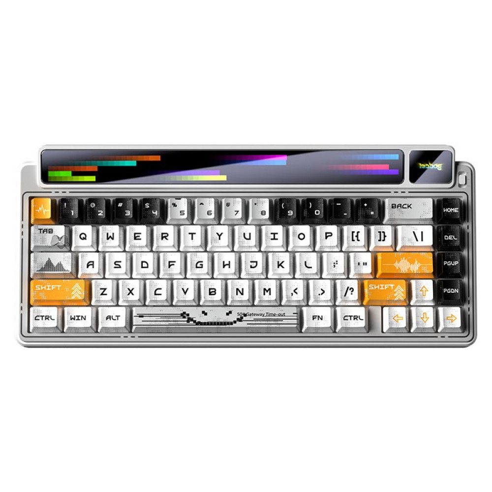 Biała klawiatura mechaniczna z kolorowym podświetleniem RGB i ekranem.