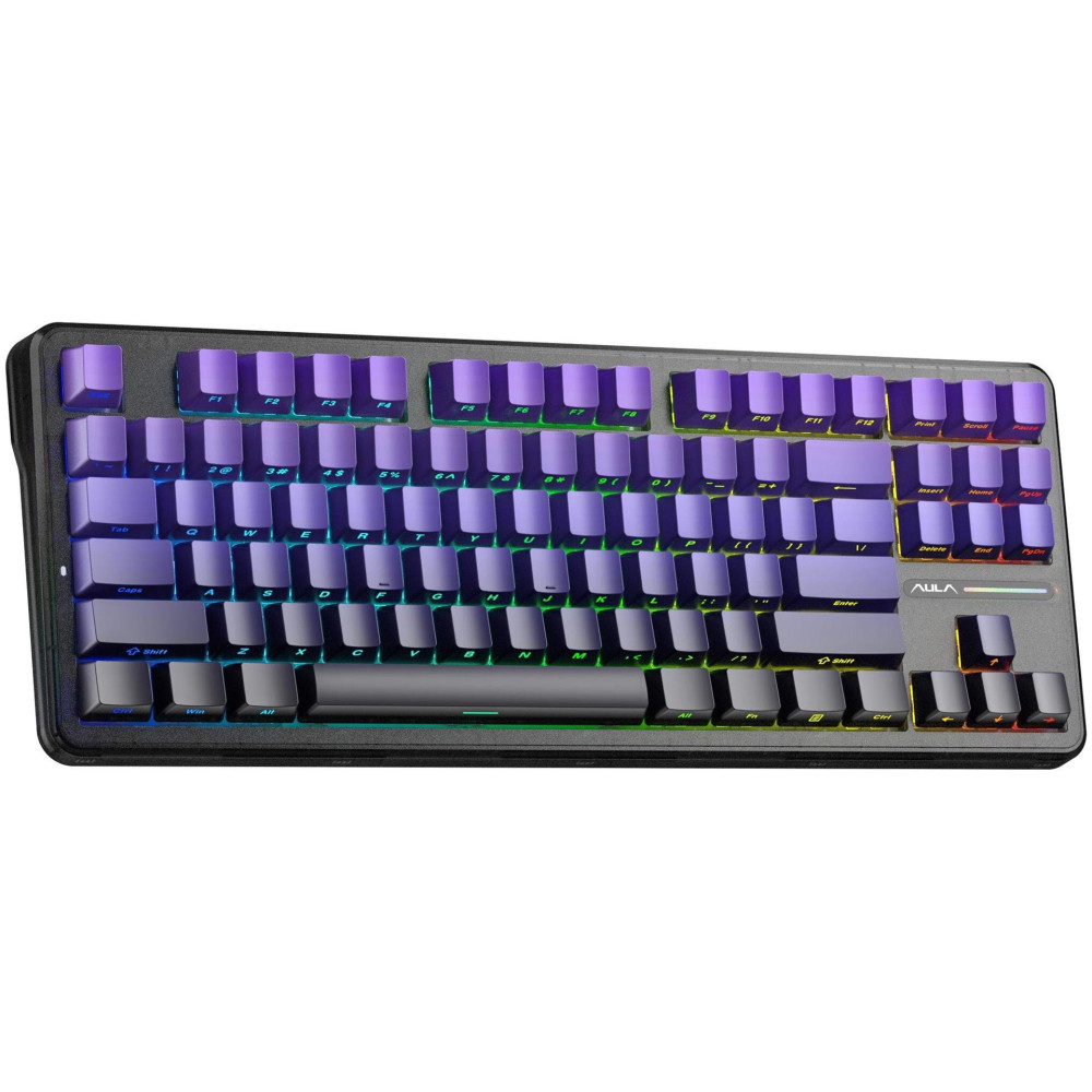 Szara klawiatura gamingowa z fioletowymi klawiszami i oświetleniem RGB.