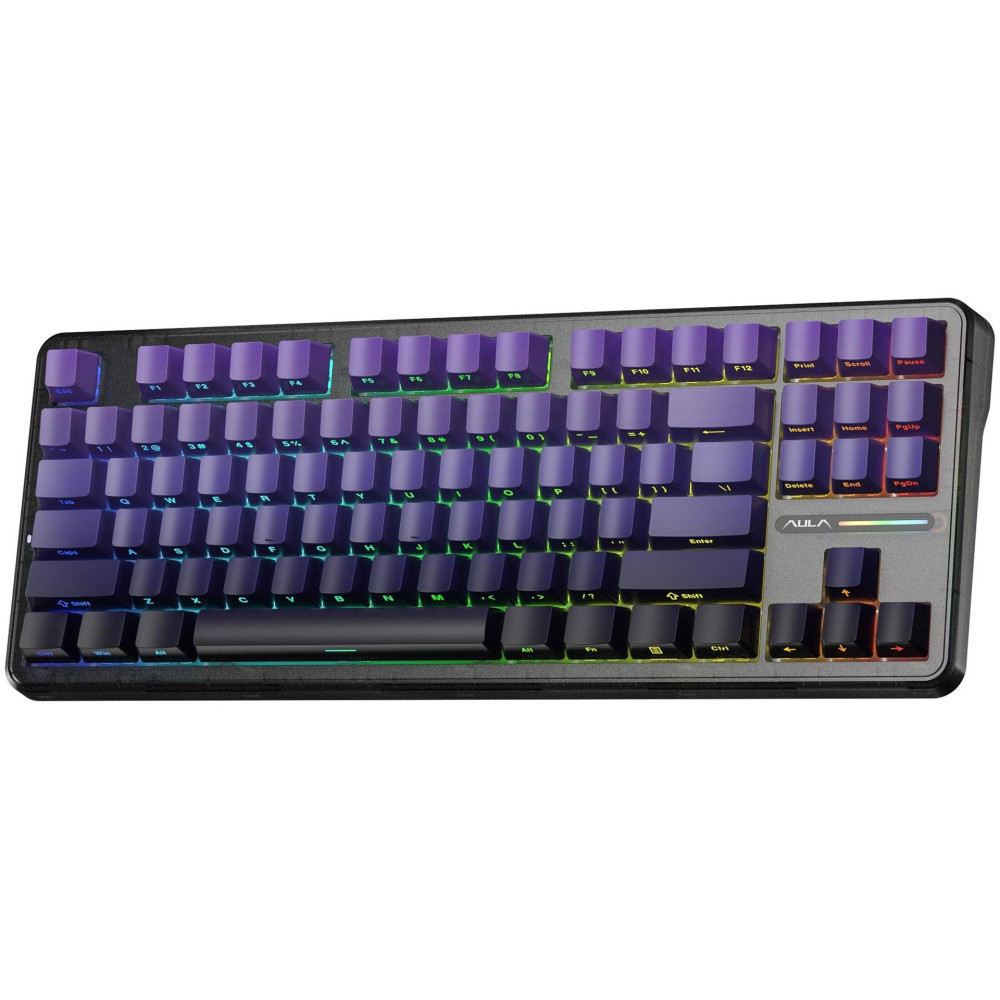 Fioletowa klawiatura mechaniczna z podświetleniem RGB. Klawisze są ciemnofioletowe z białymi napisami.