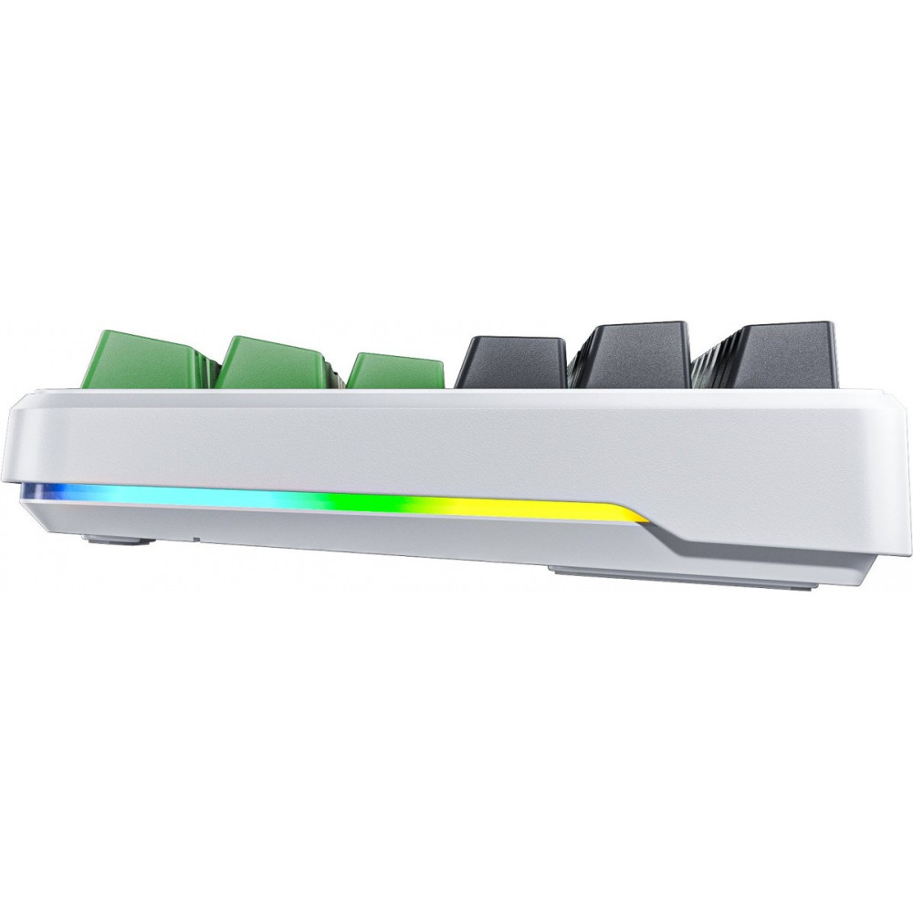 Biała klawiatura z zielonymi i czarnymi klawiszami, z kolorowym podświetleniem RGB.