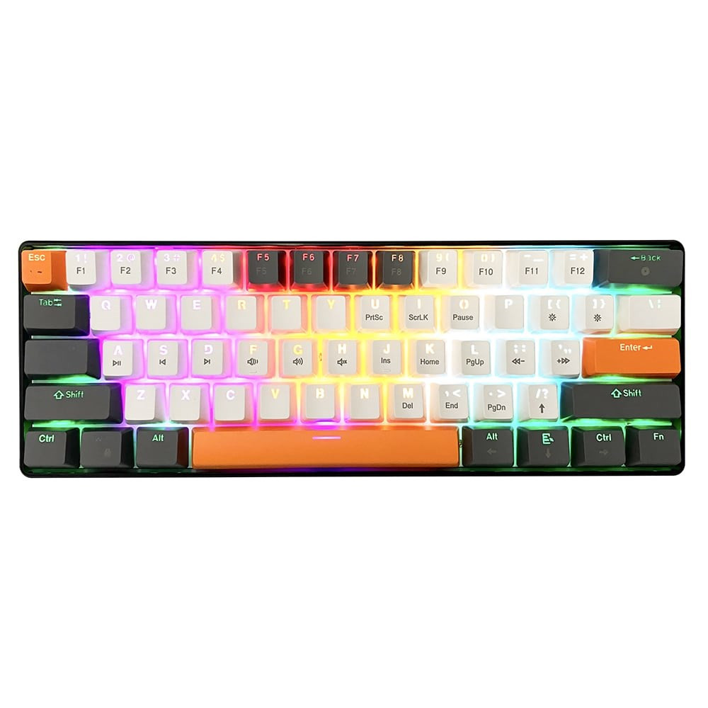 Kompaktowa klawiatura z podświetleniem RGB i pomarańczową spacją.