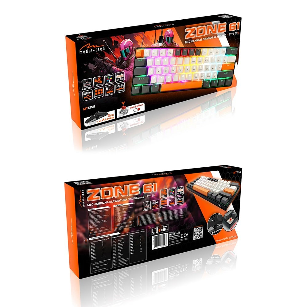 Opakowanie mechanicznej klawiatury gamingowej z podświetleniem RGB i 61 klawiszami.