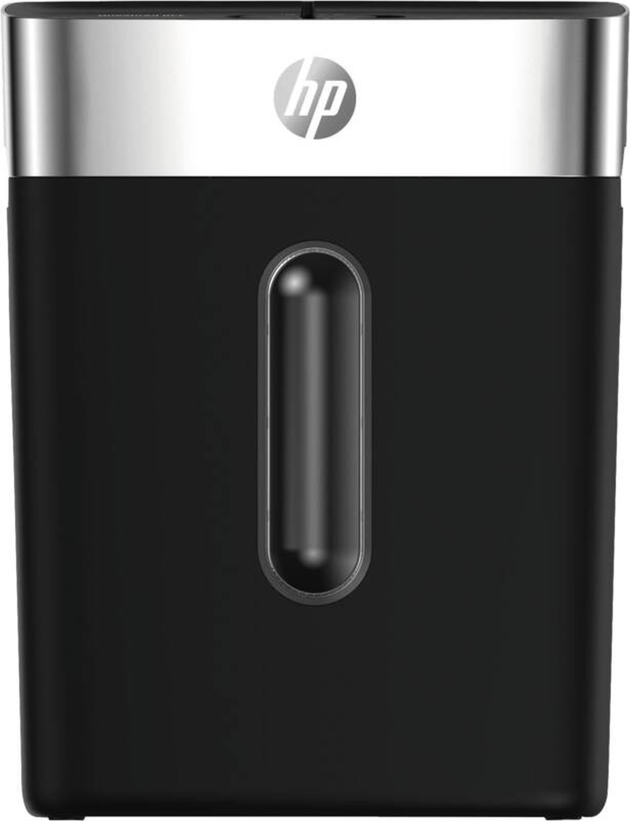 Czarna niszczarka do papieru z srebrnym górnym paskiem i logo HP. Okno pokazuje pocięte kawałki.