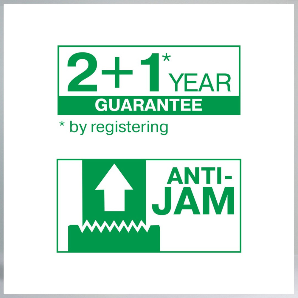 Gwarancja 2+1 lat po rejestracji. Symbol Anti-Jam ze strzałką w górę.