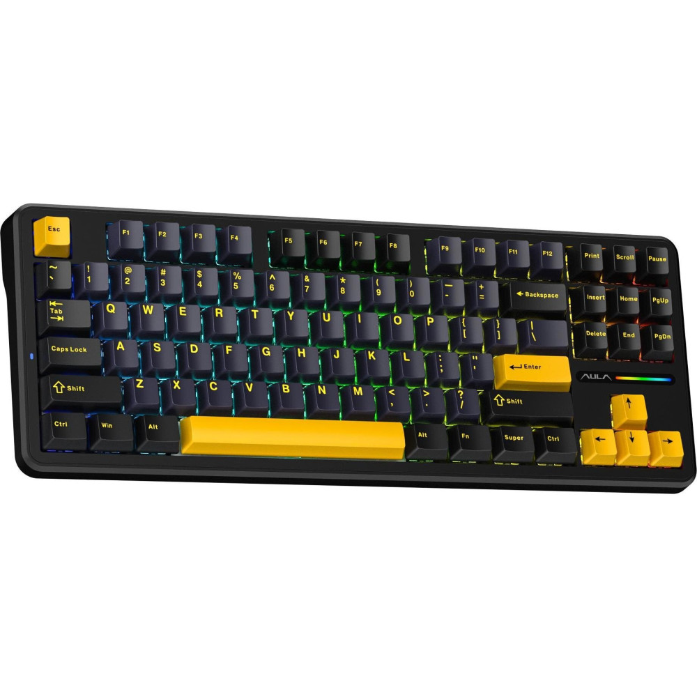 Czarna klawiatura z żółtymi klawiszami akcentującymi i oświetleniem RGB.