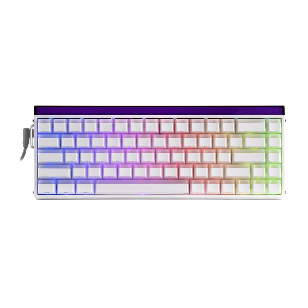 Biała klawiatura z fioletowym wierzchem, podświetlenie RGB gradientem od niebieskiego, fioletowego, różowego, pomarańczowego, żółtego do zielonego.