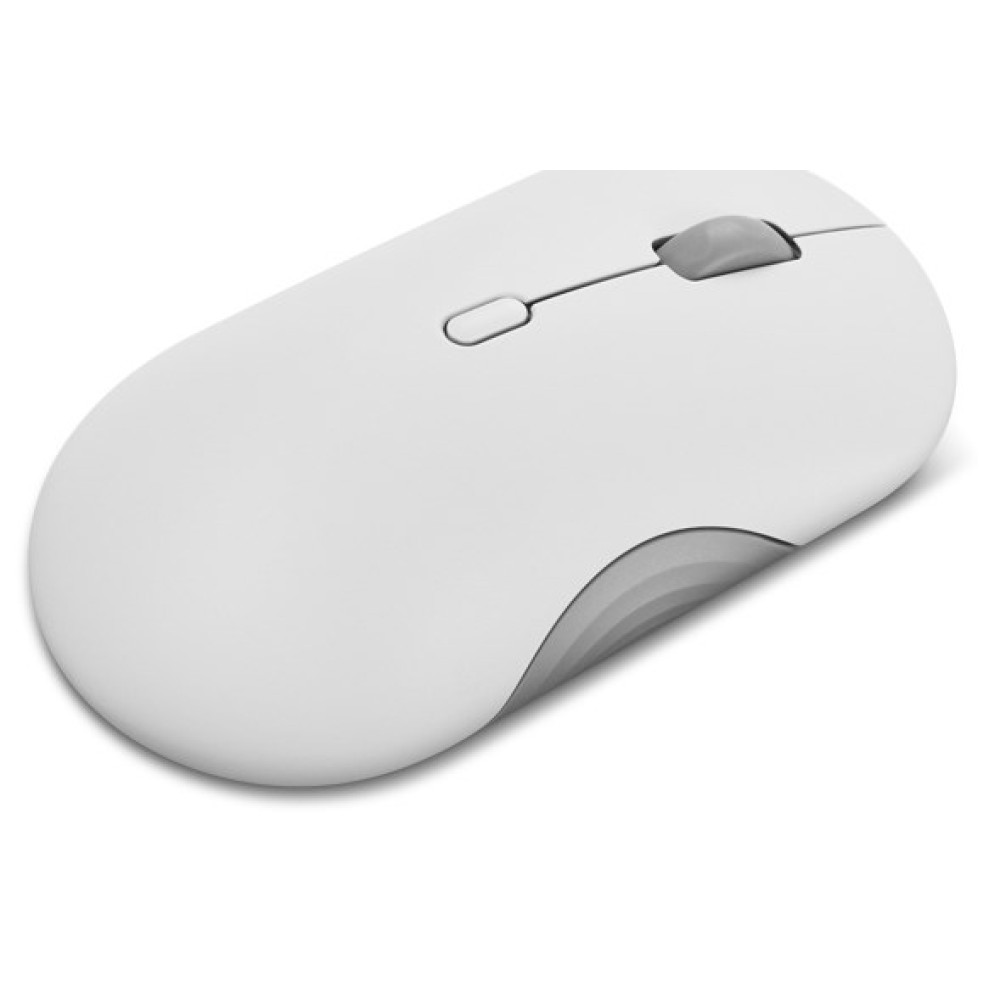 Un mouse bianco con rotella di scorrimento e pulsante grigi.