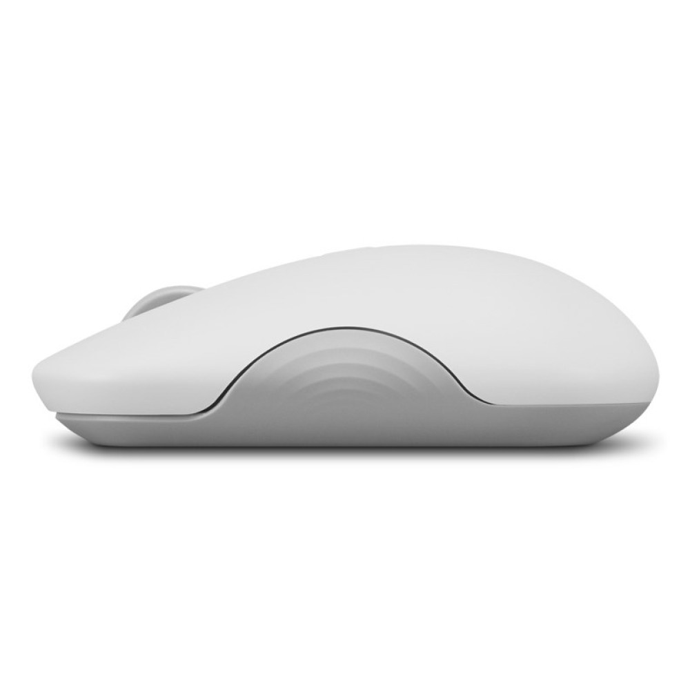 Un mouse bianco per computer con un anello grigio, visto di lato.