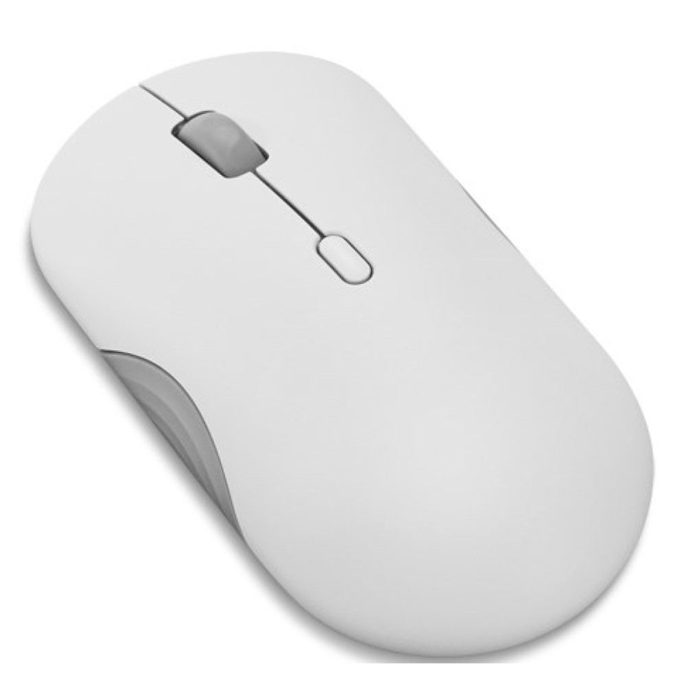 Un mouse bianco con pulsanti e rotellina grigi.