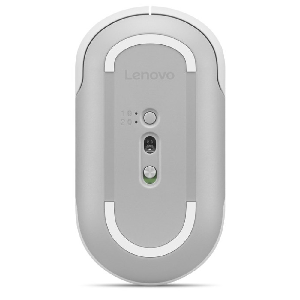 Parte inferiore di un mouse Lenovo bianco, con interruttore di accensione e sensore ottico.