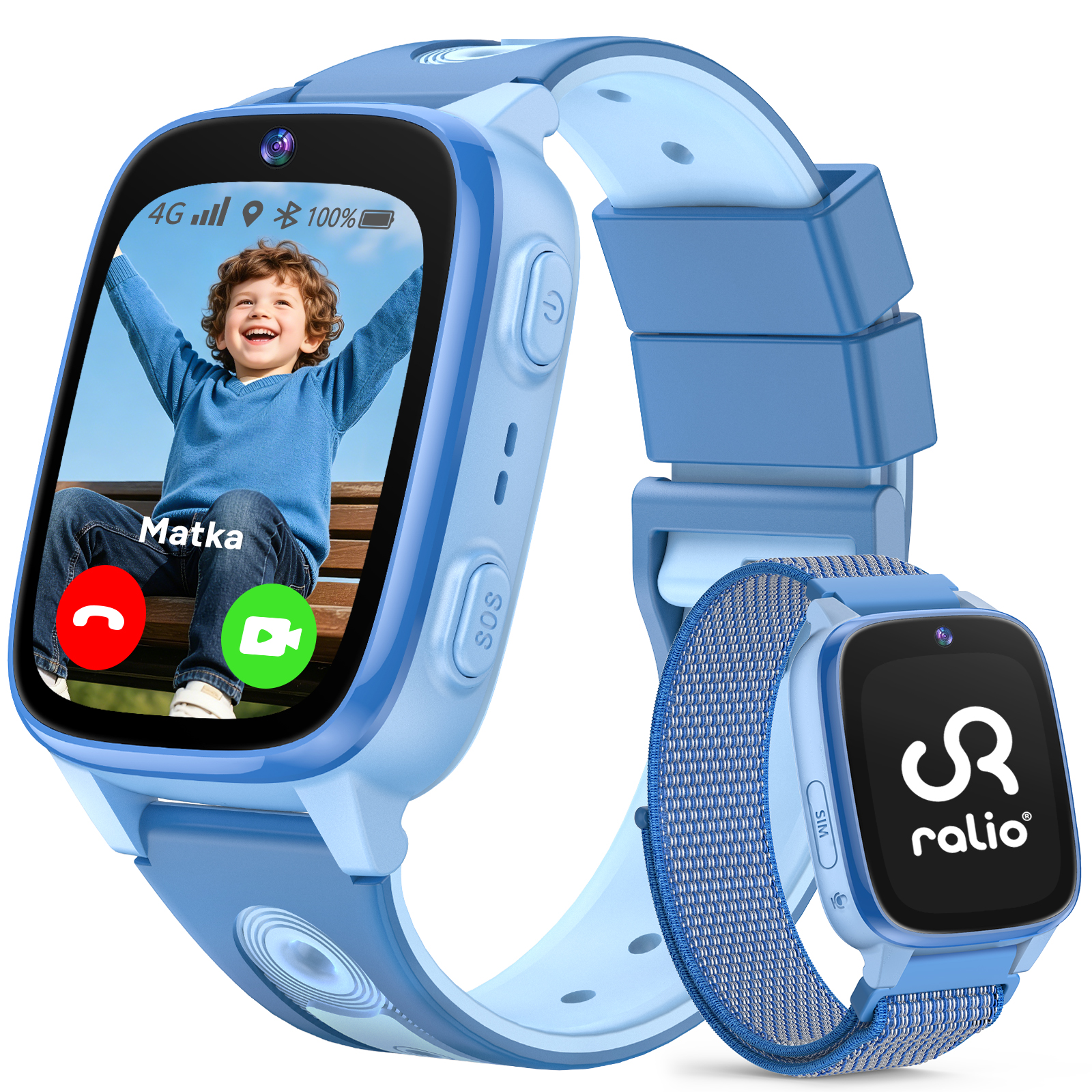 Niebieski smartwatch dla dzieci z uśmiechniętym chłopcem na ekranie.