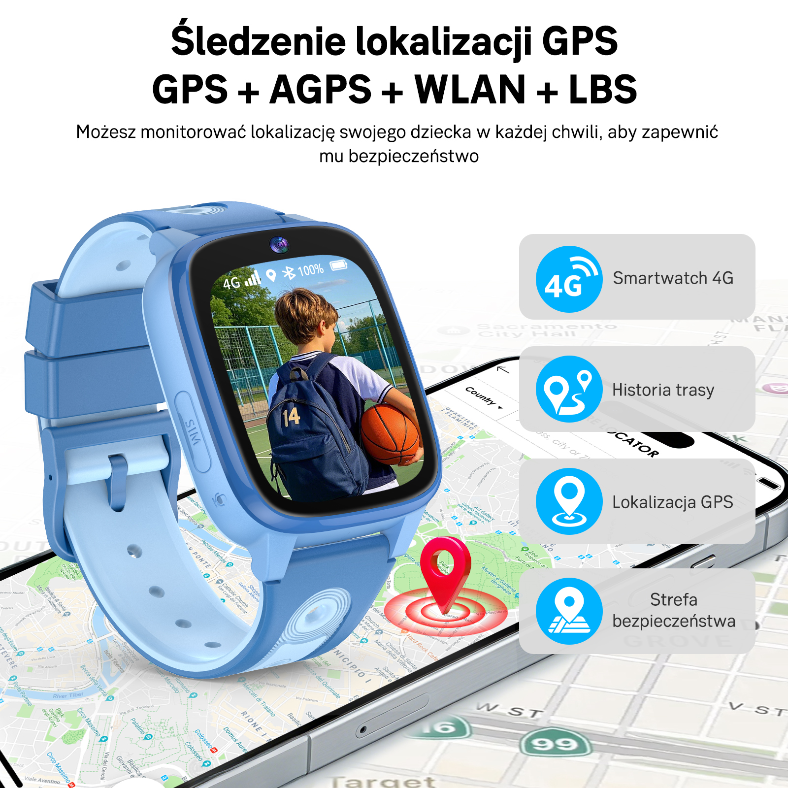 Niebieski smartwatch 4G pokazuje chłopca z piłką i plecakiem. Mapa w tle.