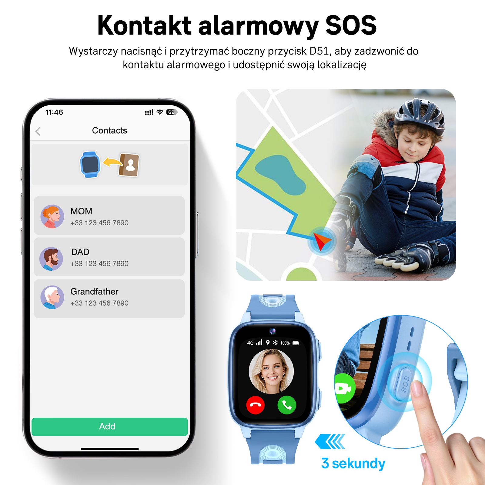 Zrzut ekranu smartwatcha dla dzieci z kontaktem SOS i mapą.