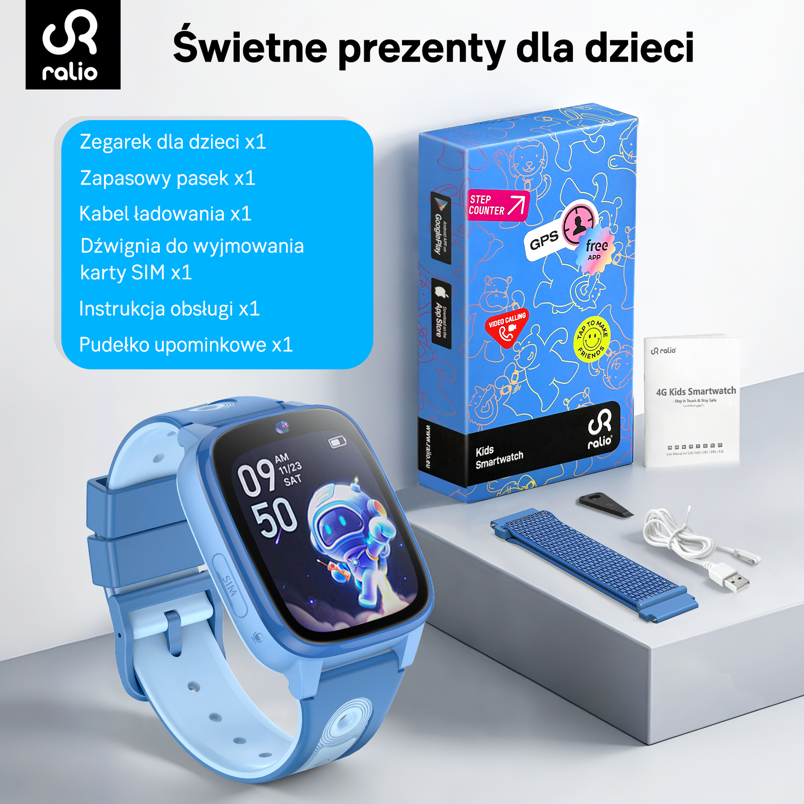 Niebieski zestaw smartwatch dla dzieci z paskiem, kablem i narzędziem SIM.