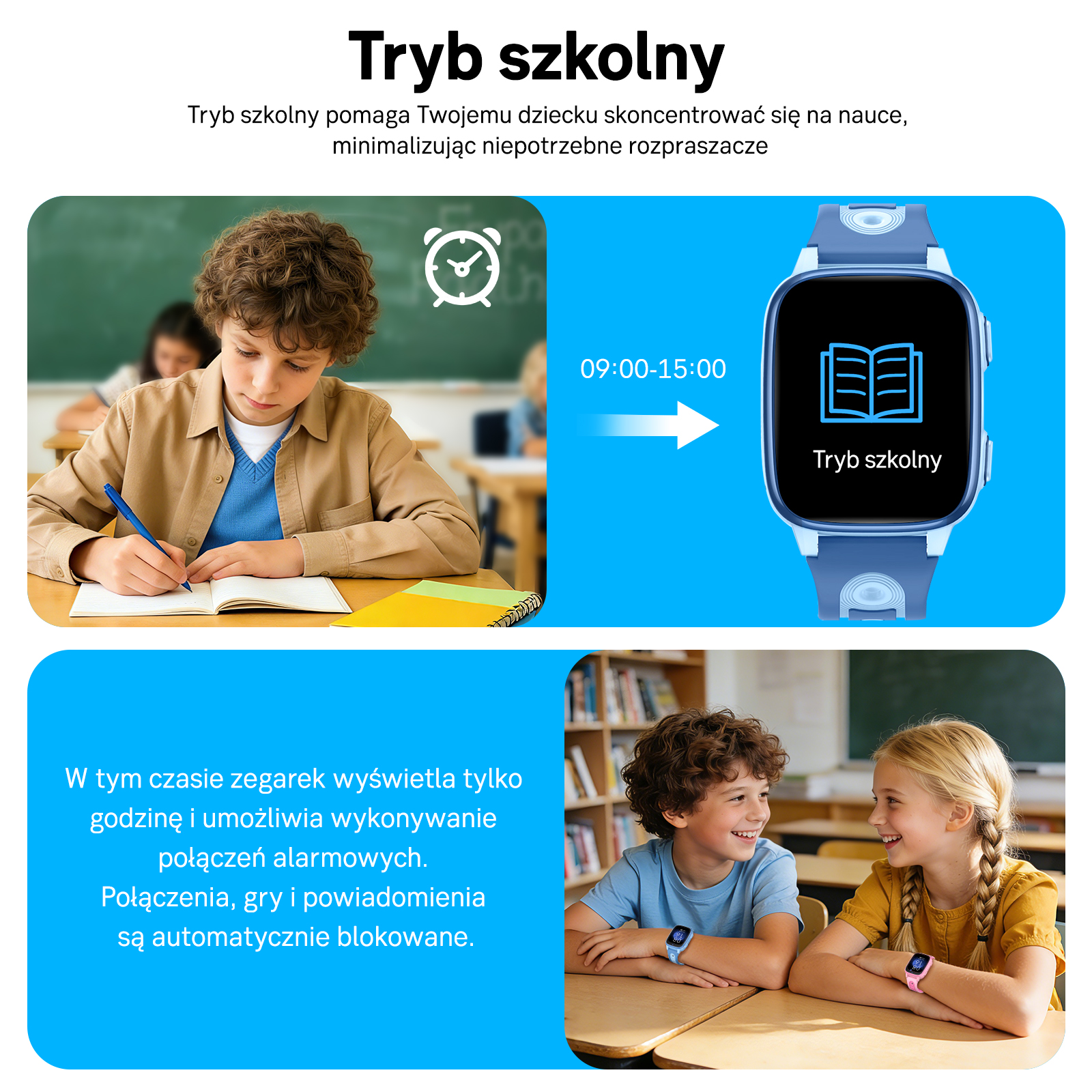 Uczniowie piszą w klasie; smartwatch pokazuje tryb szkolny.