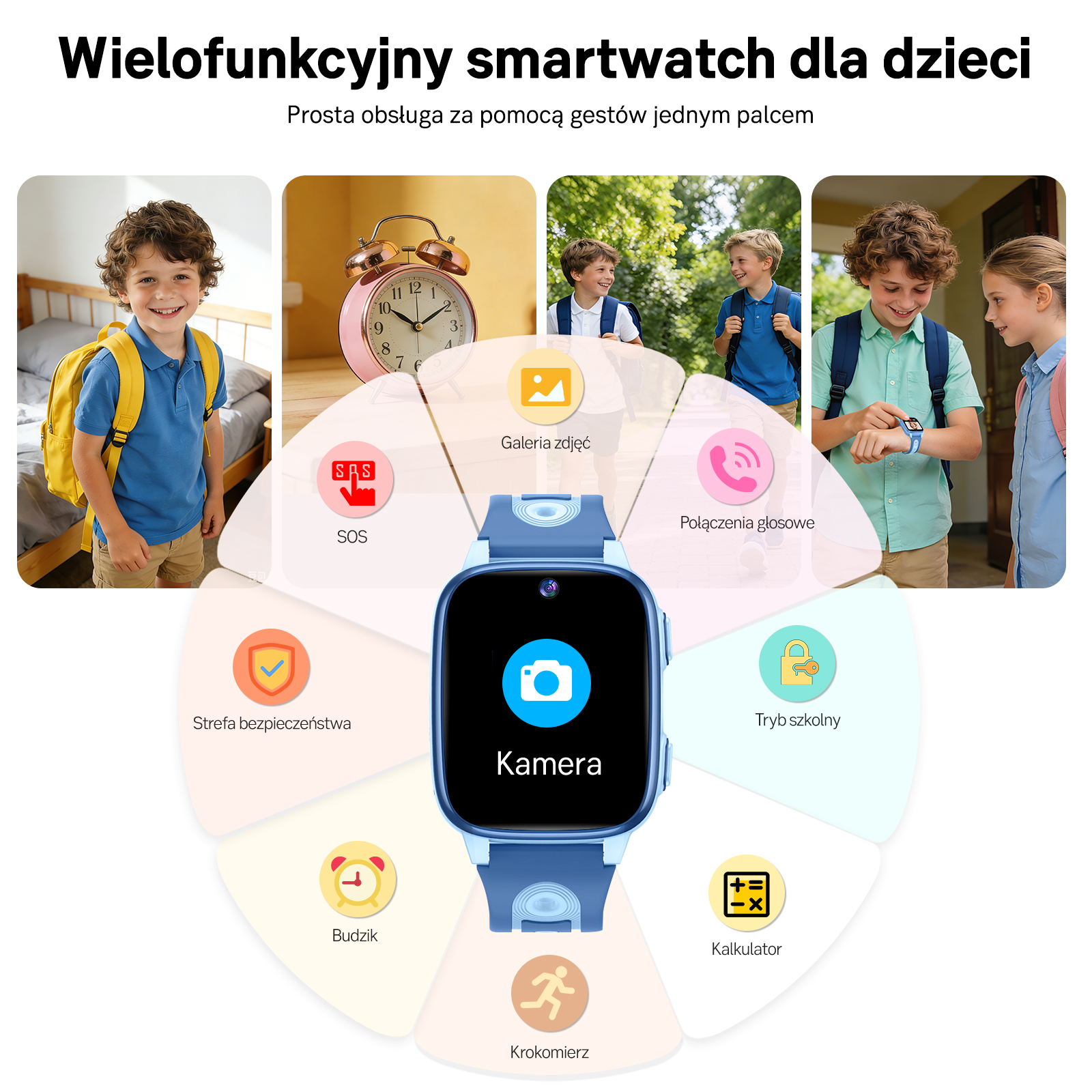 Wielofunkcyjny smartwatch dla dzieci: kamera, SOS, rozmowy, tryb szkolny.