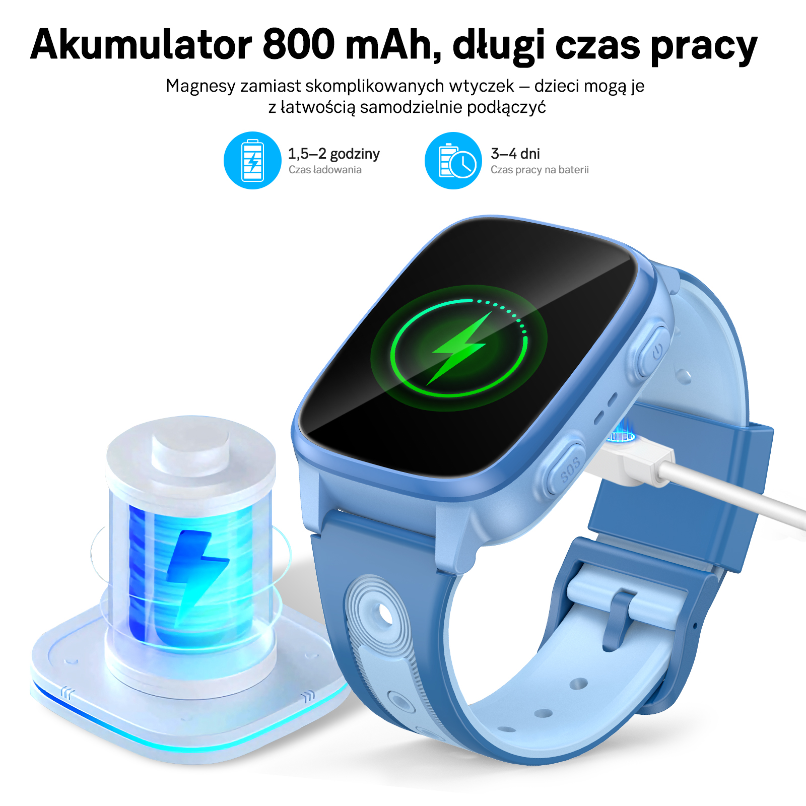 Niebieska smartwatch się ładuje. Ikona baterii z błyskawicą na ekranie.