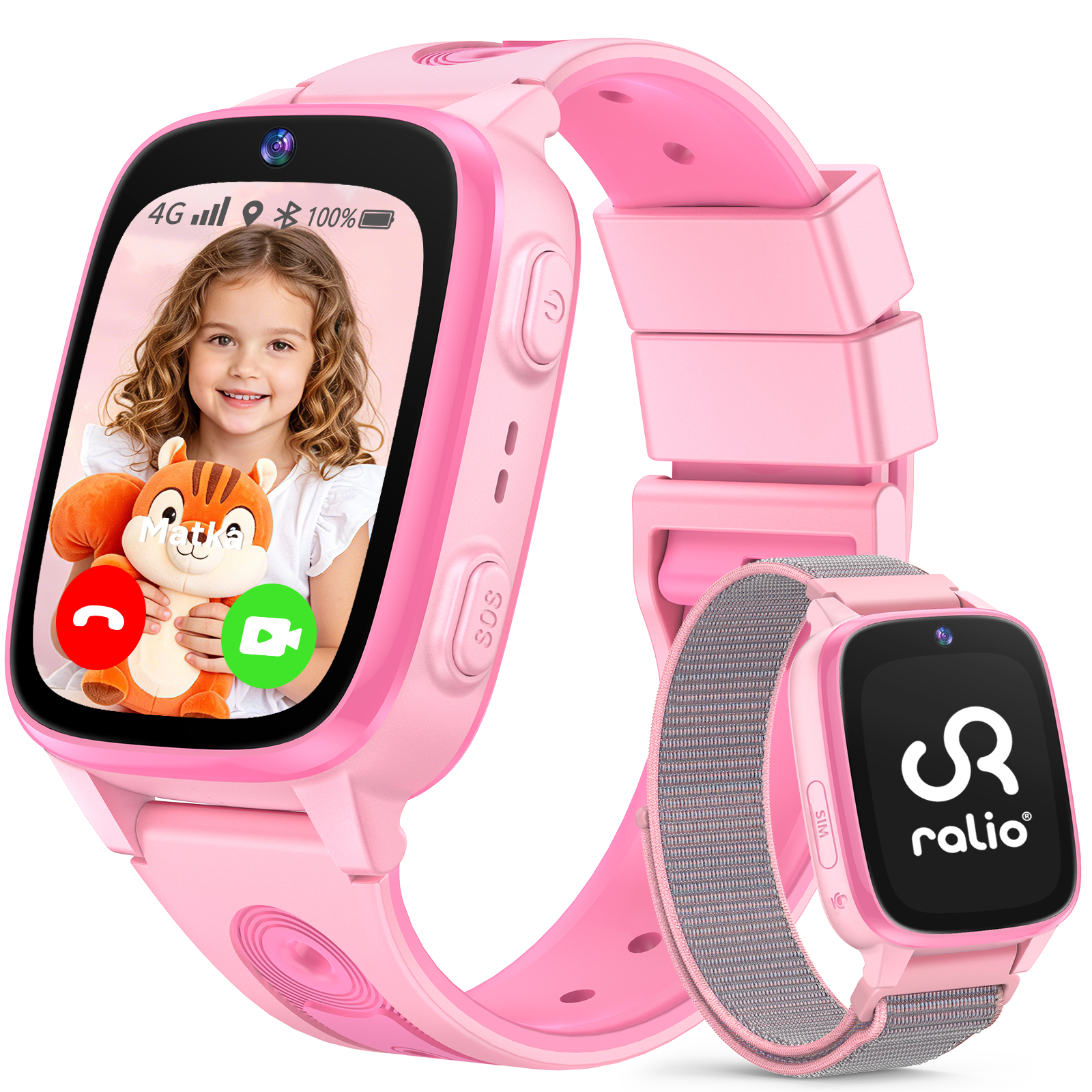 Różowy smartwatch wyświetlający dziewczynkę trzymającą pluszową zabawkę wiewiórki.