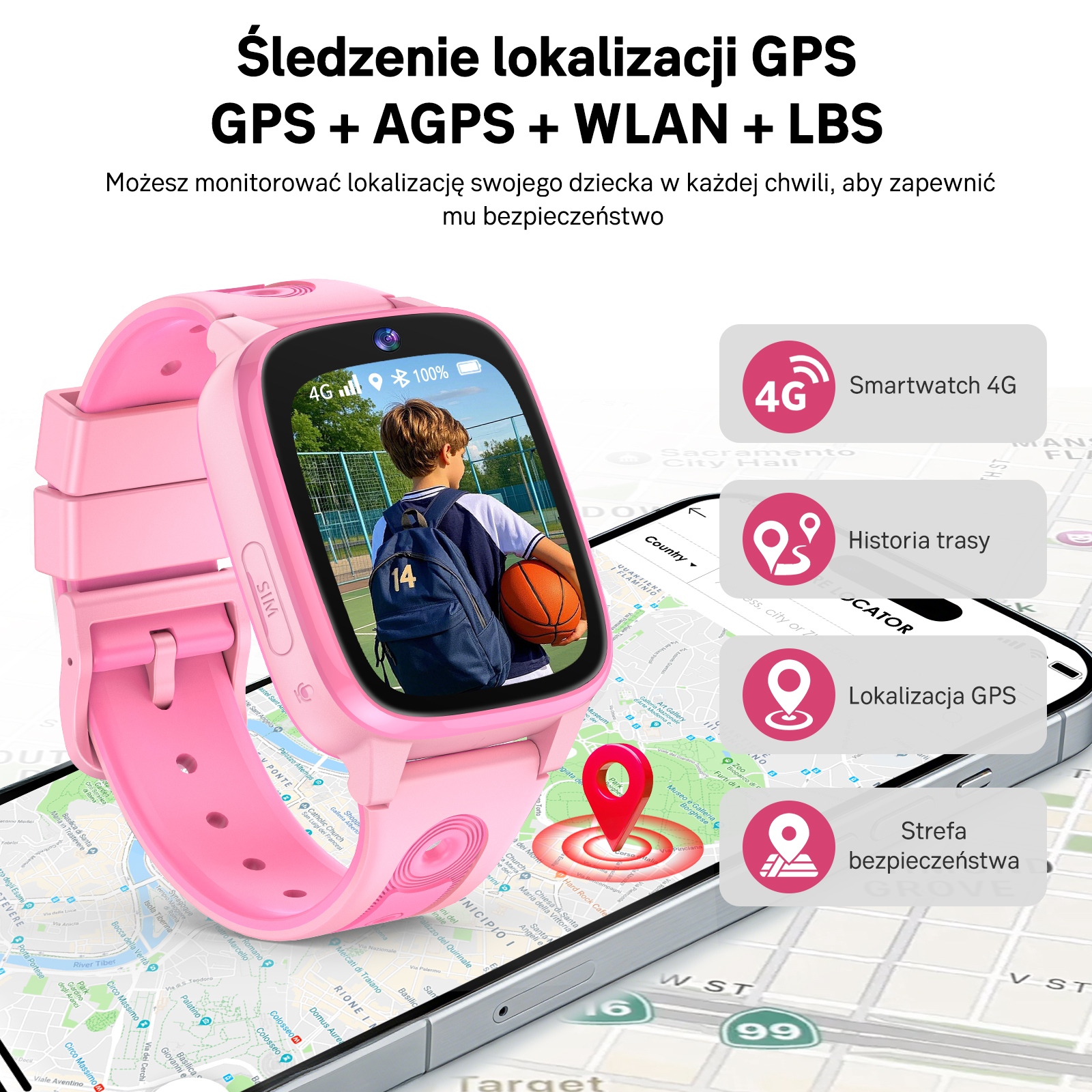 Różowy smartwatch dla dzieci z funkcją GPS jest wyświetlany na mapie.