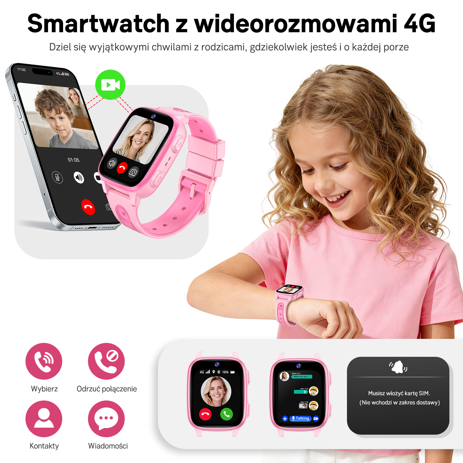Różowy smartwatch pokazujący rozmowę wideo z chłopcem i kobietą.