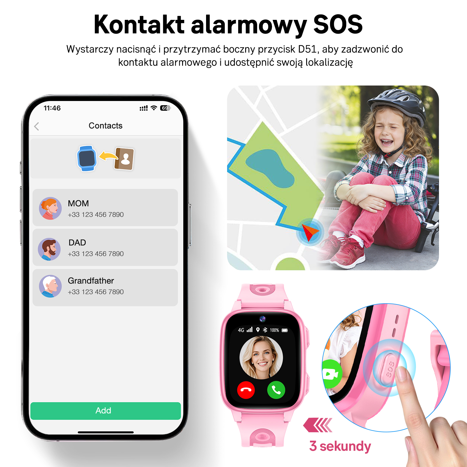 Ekran smartwatcha z kontaktami, mapą i dzieckiem w kasku. Przycisk SOS.