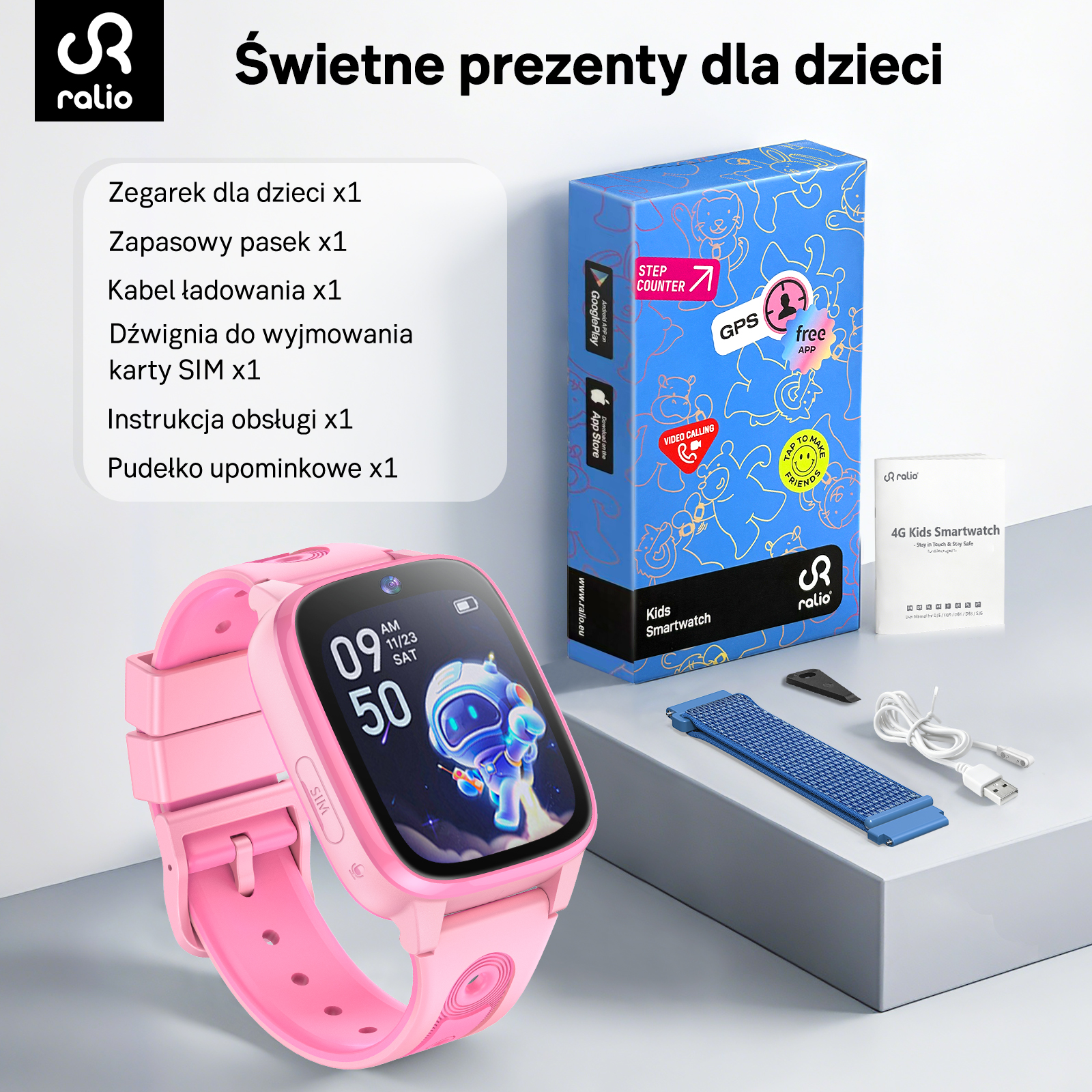 Różowy zegarek dziecięcy z akcesoriami i opakowaniem.