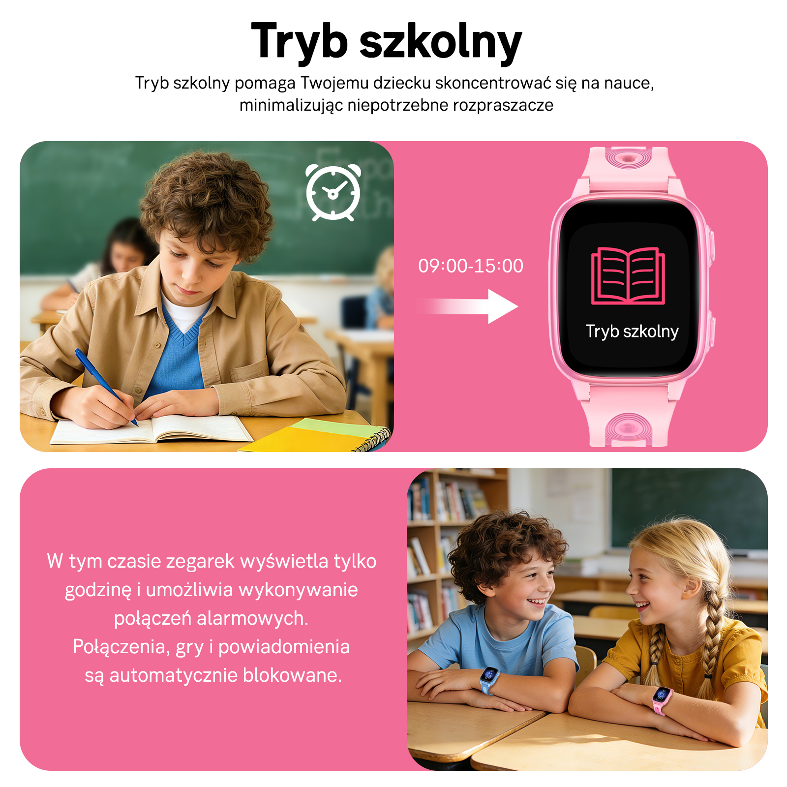 Chłopiec pisze w klasie. Różowy zegarek pokazuje tryb szkolny.