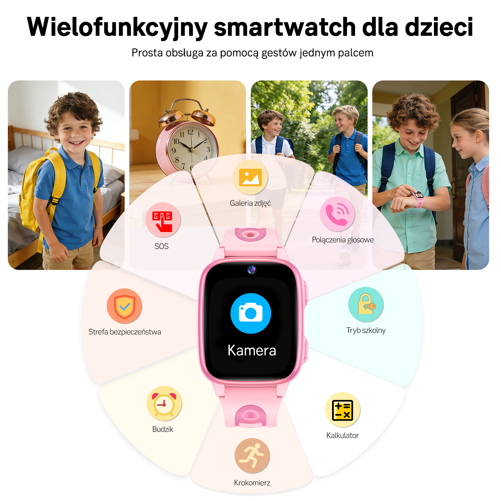 Zdjęcie promocyjne różowego smartwatcha dla dzieci: aparat, SOS, rozmowy, budzik i inne.