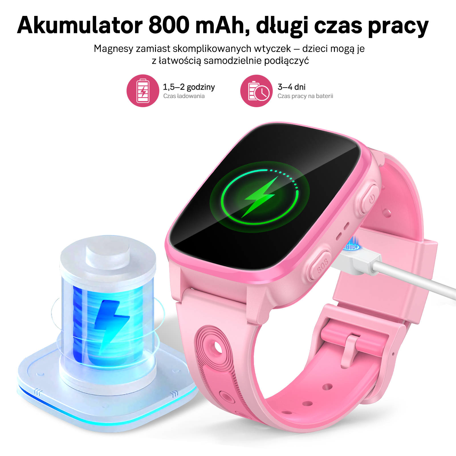 Różowy smartwatch jest ładowany. Po lewej ikona baterii.