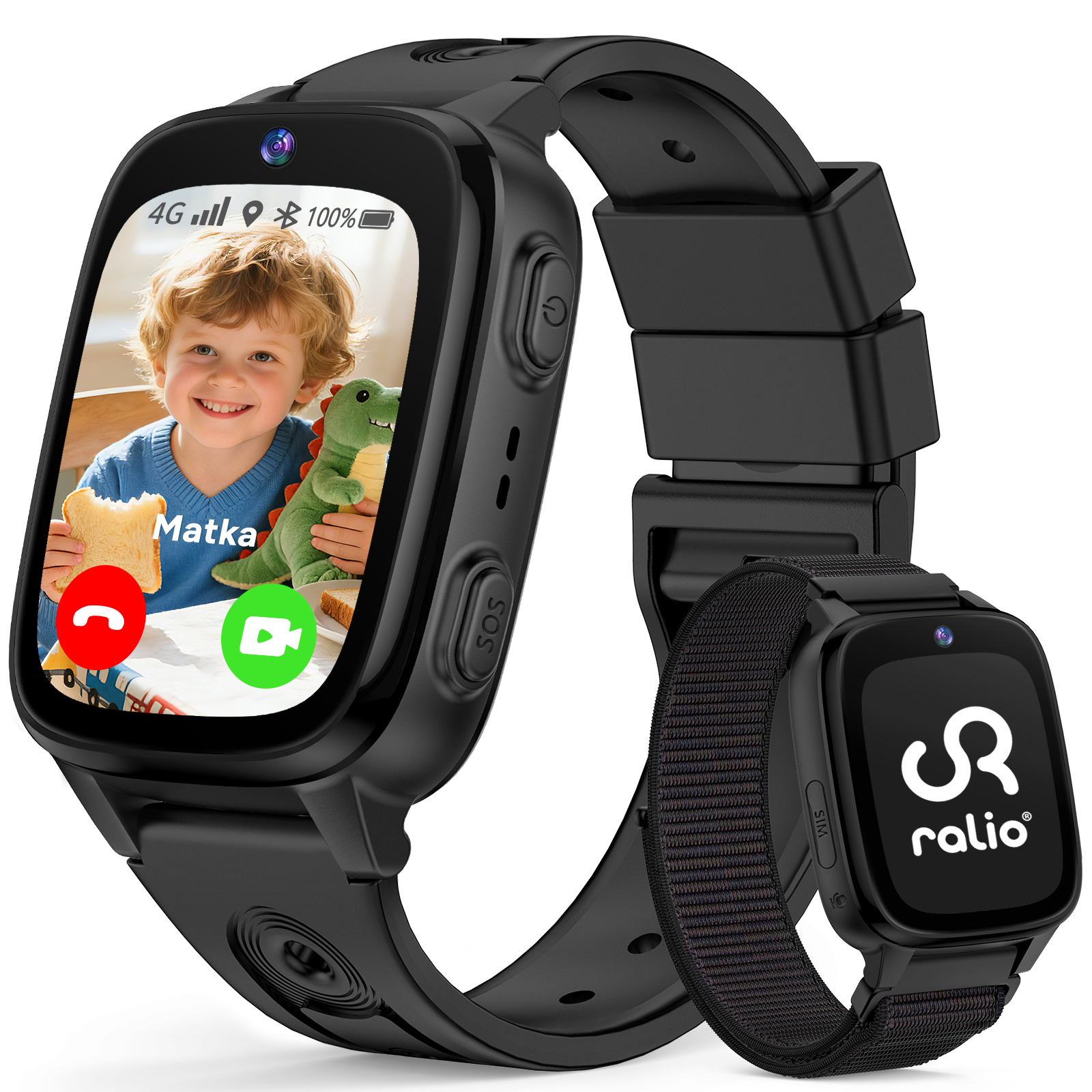 Czarny smartwatch wyświetlający chłopca trzymającego zabawkę. Widoczne ikony rozmowy wideo.