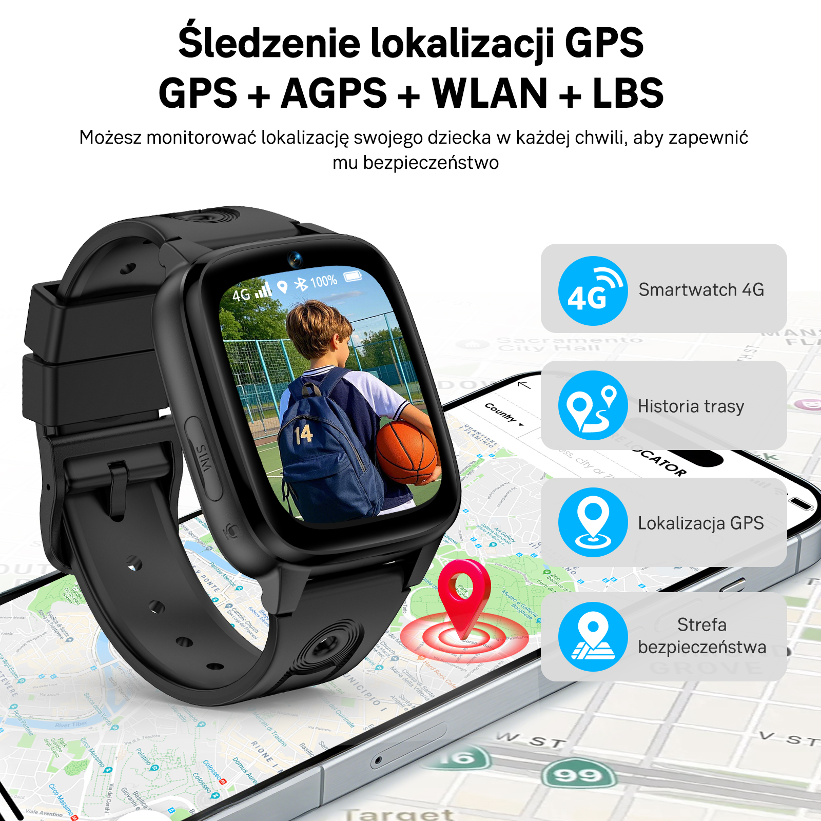 Czarny smartwatch pokazujący chłopca z piłką; mapy i ikony GPS.