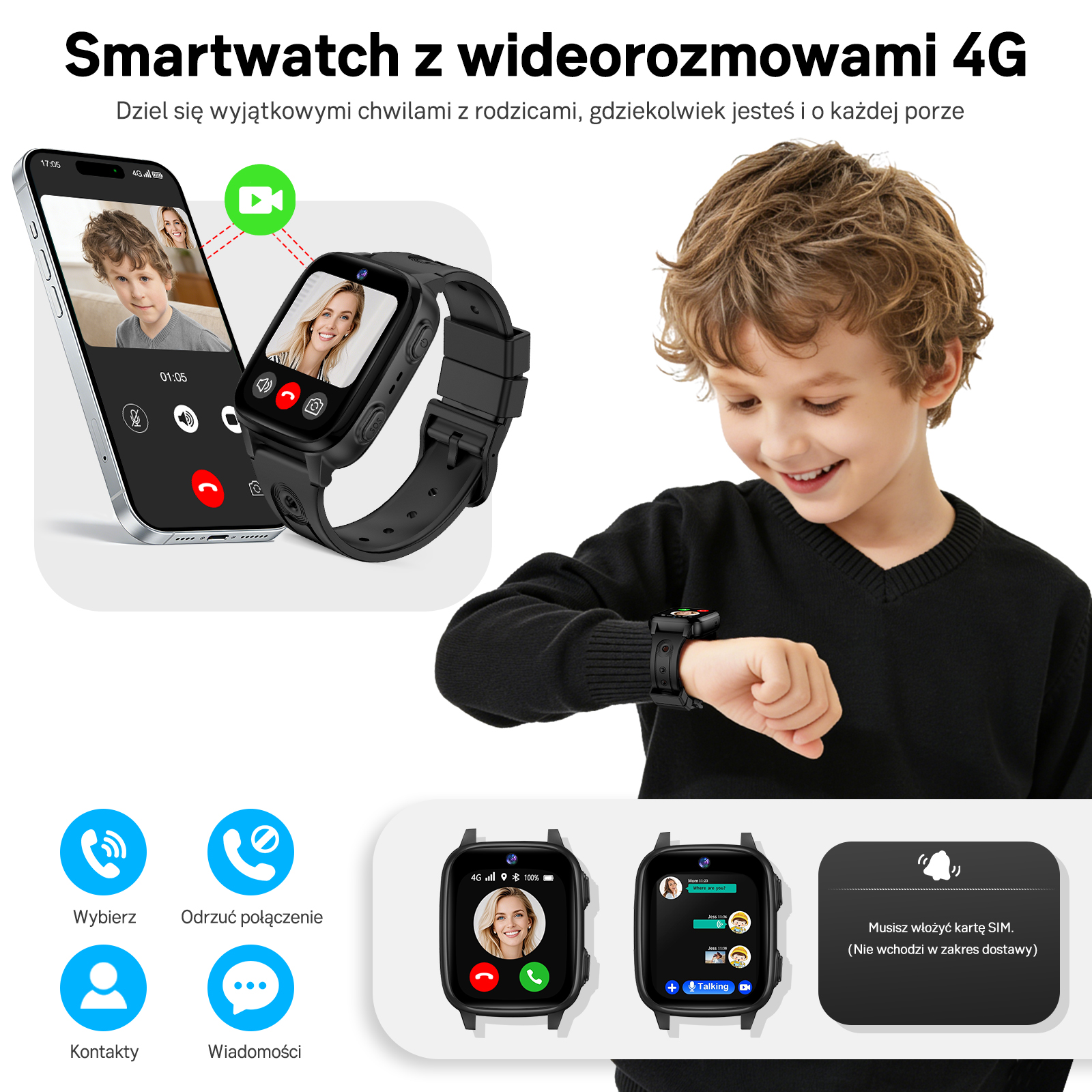 Chłopiec nosi smartwatch, który pokazuje rozmowę wideo z kobietą.