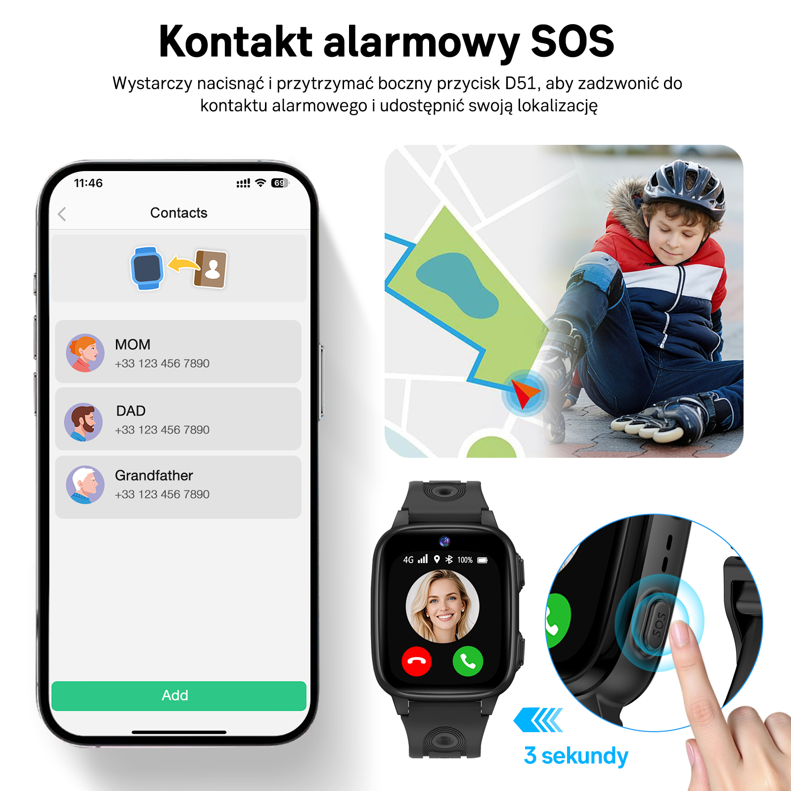 Ekran pokazuje funkcję kontaktu SOS smartwatcha z kontaktami i mapą.