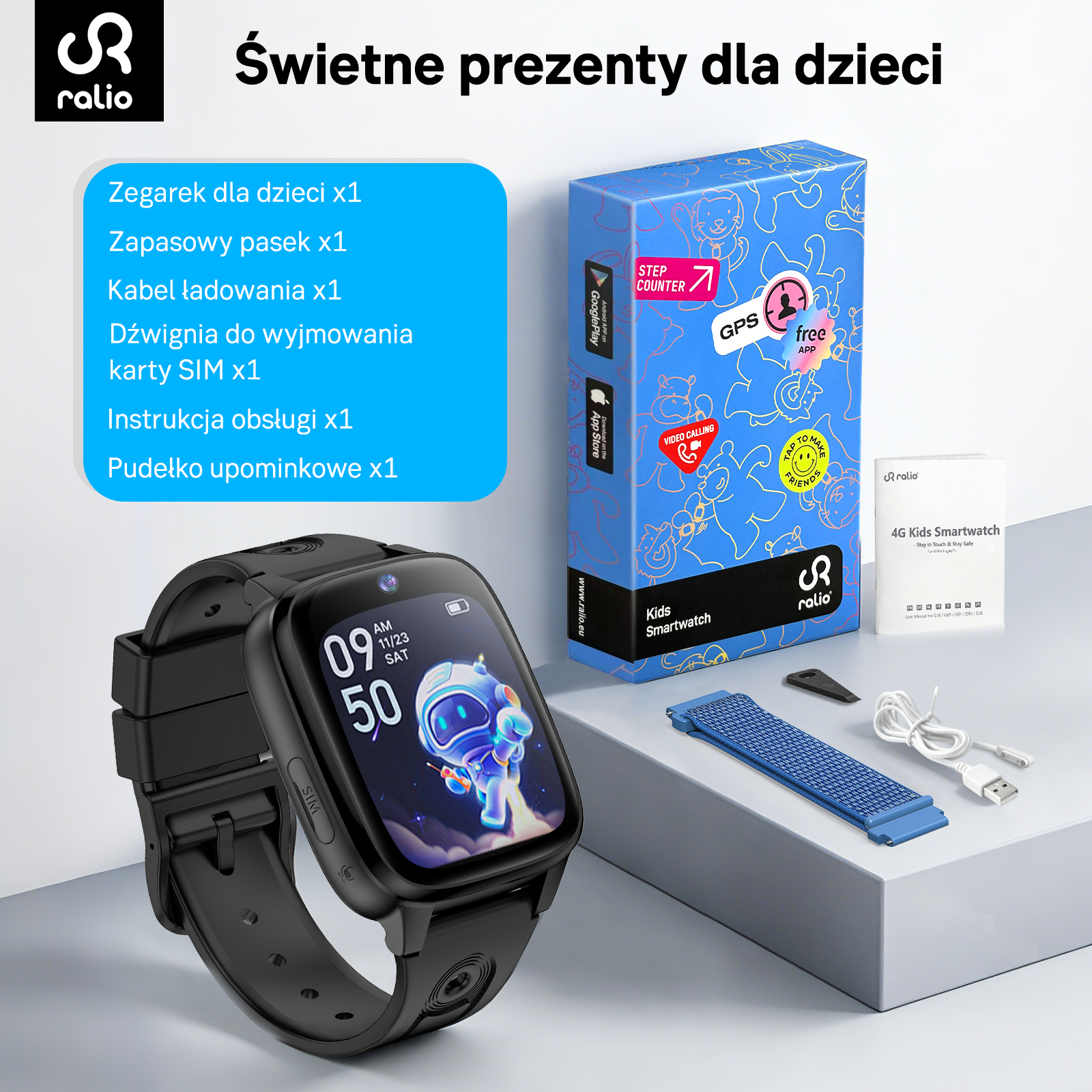 Czarny zestaw smartwatch dla dzieci z akcesoriami i opakowaniem.
