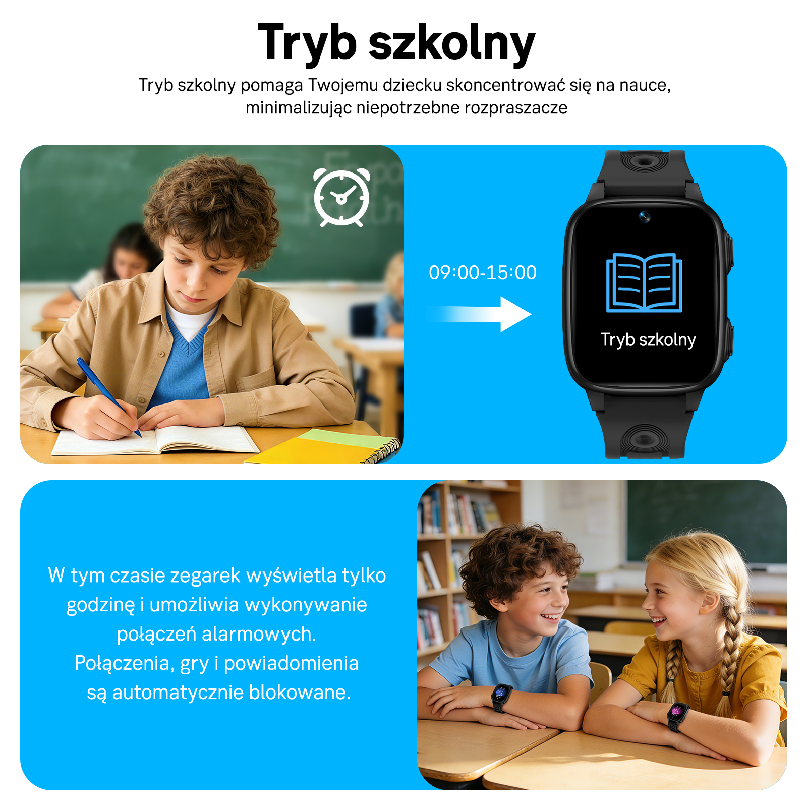 Chłopiec pisze w szkole, smartwatch pokazuje tryb szkolny.