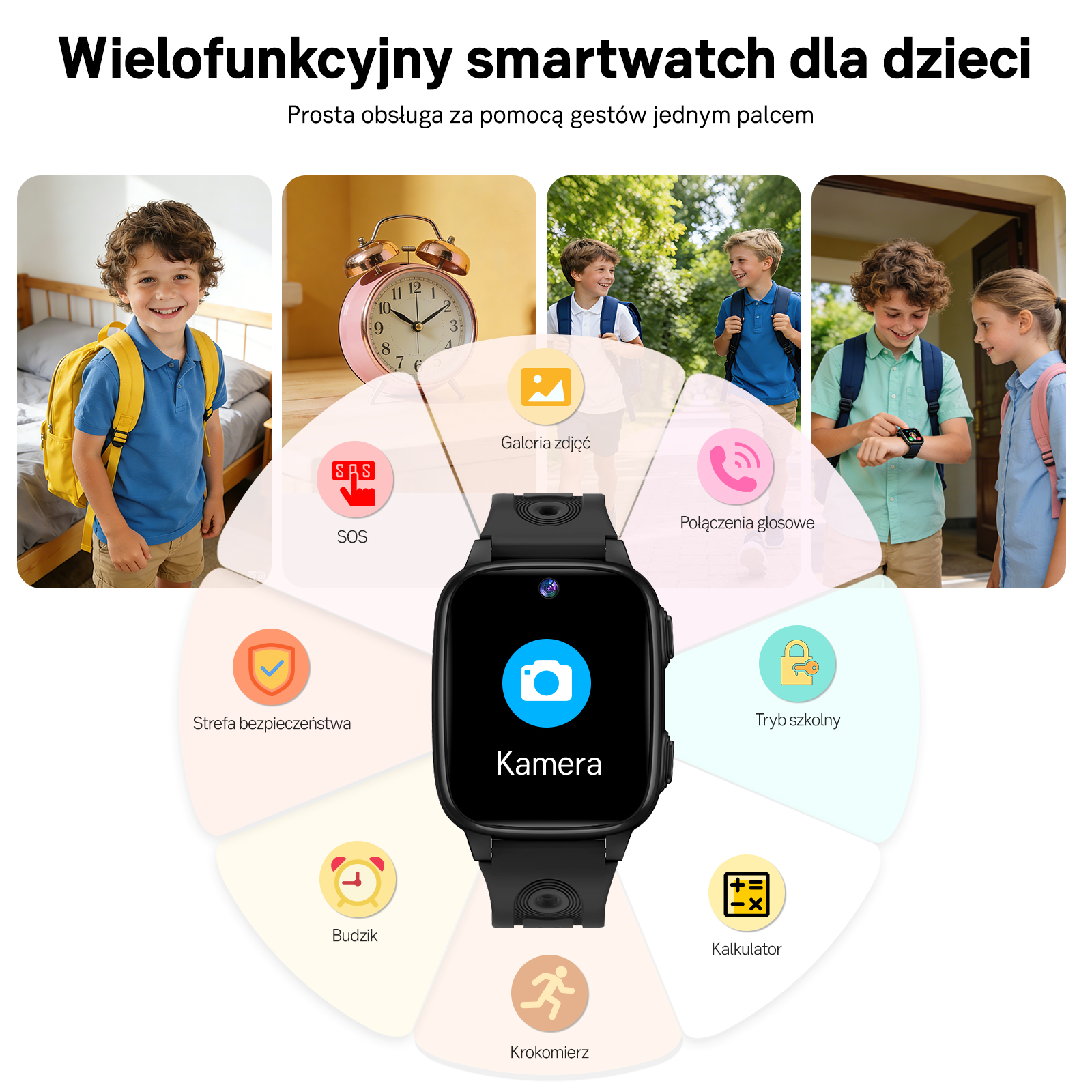 Wyświetlacz smartwatcha dla dzieci pokazuje funkcje takie jak aparat, SOS, połączenia, galeria, tryb szkolny, budzik, krokomierz i kalkulator.