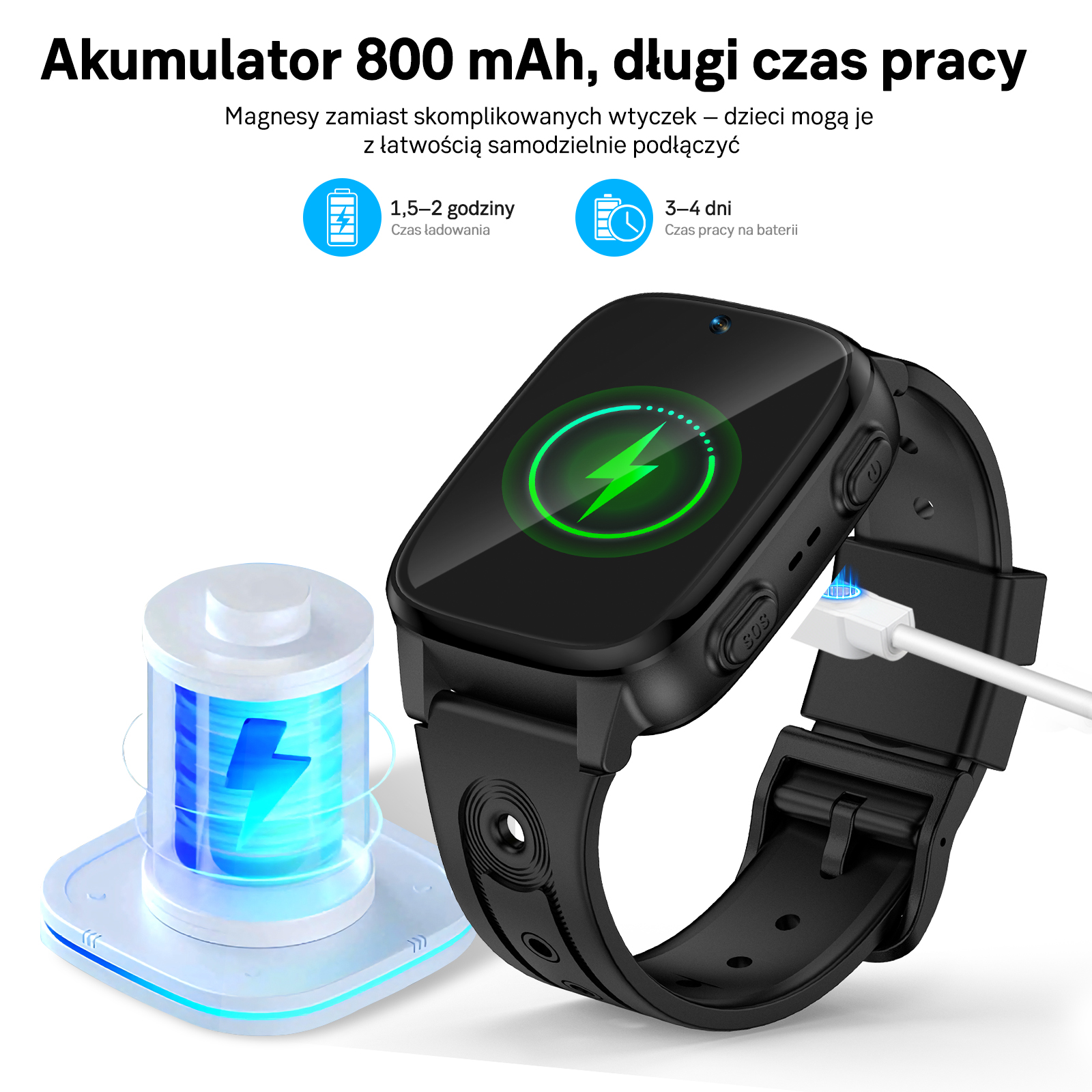 Czarny smartwatch się ładuje, z ikoną baterii i wskaźnikiem ładowania.