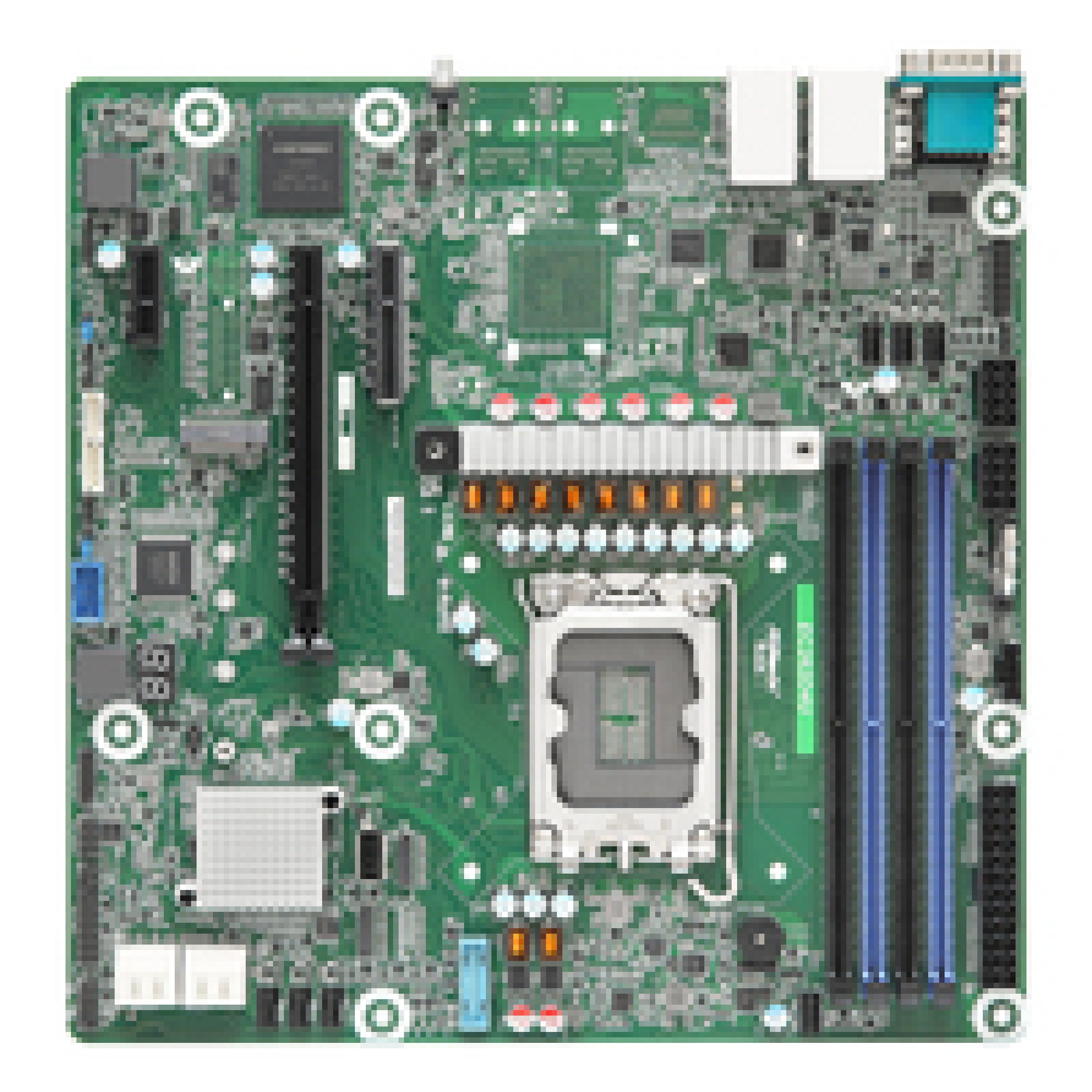 Scheda madre verde con socket CPU, slot RAM, connettori e chip.