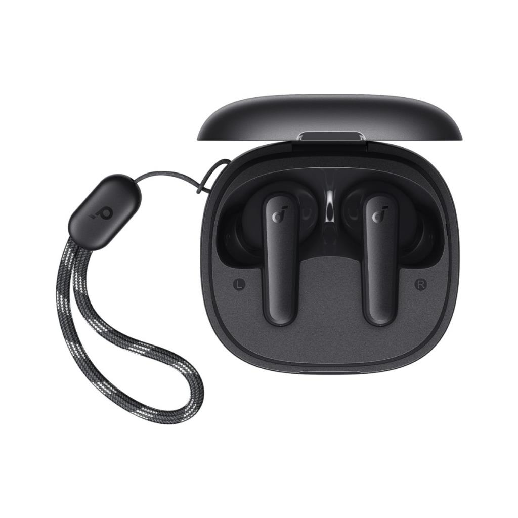 Auricolari neri in custodia di ricarica aperta con laccetto.