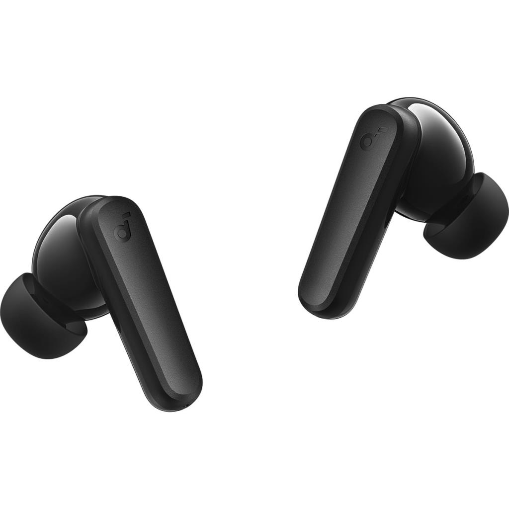 Due auricolari wireless neri con stelo, su sfondo bianco.