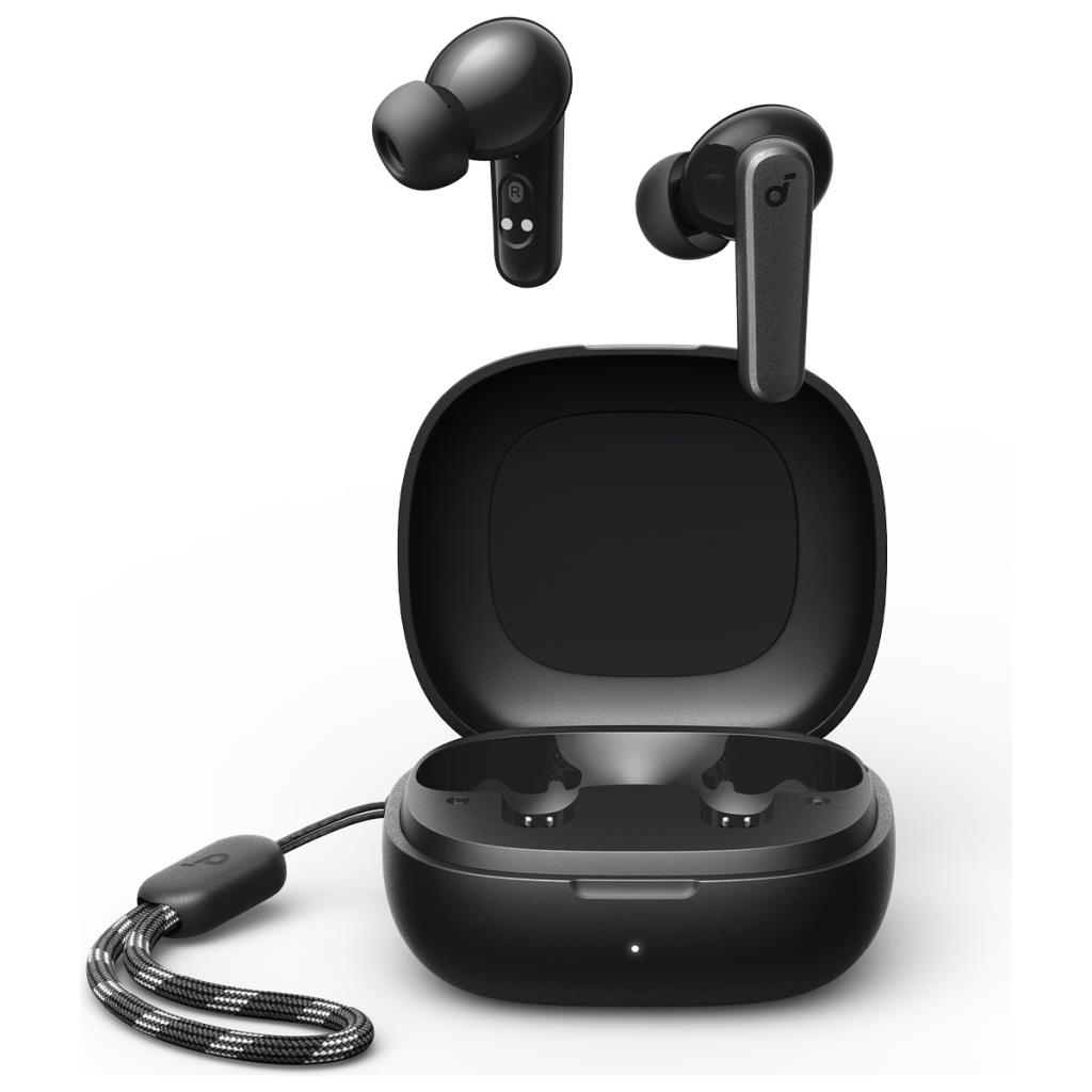 Auricolari wireless neri e custodia di ricarica aperta con laccetto su sfondo bianco.