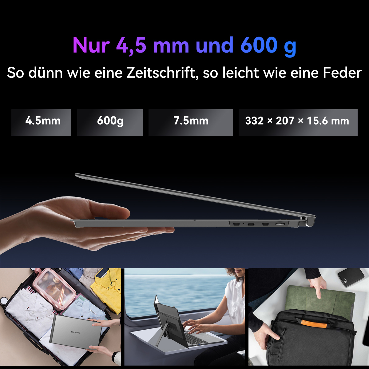 Ein dünnes Notebook wird von einer Hand gehalten. Unten sind drei Szenen: Packen, Arbeiten auf dem Boot, Einpacken.