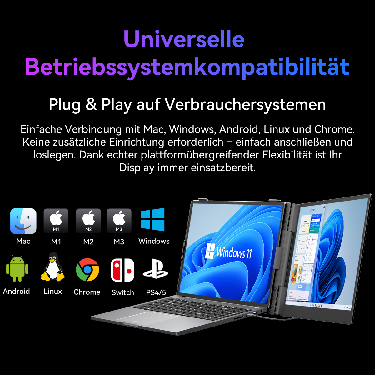 Laptop mit zwei Bildschirmen, kompatibel mit Mac, Windows, Android, Linux, Chrome, Switch, PS4/5.